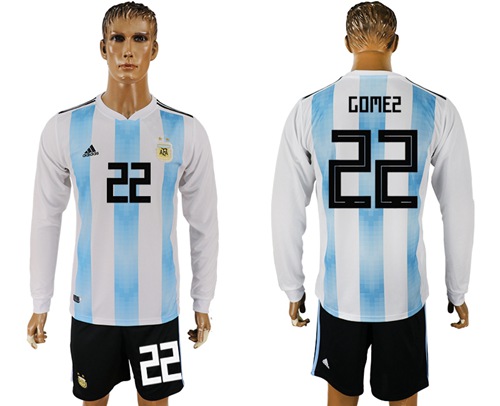 Argentina #22 Gomez Home Long Sleeves Soccer Country Jersey - Click Image to Close